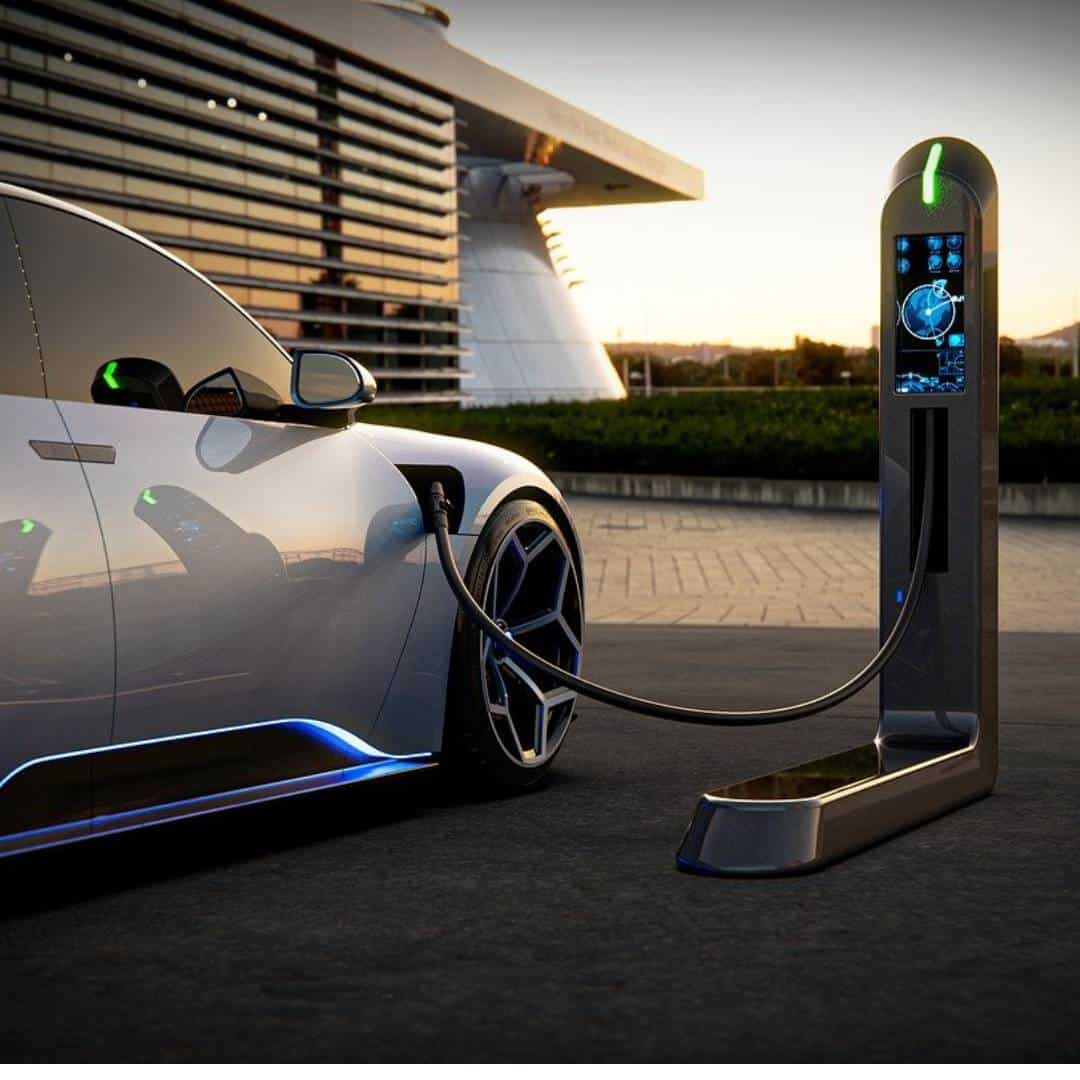 Imagem de carro elétrico futurista carregado.